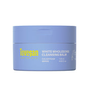 Blue jar of Tovegan White Wholesome Cleansing Balm on a white background