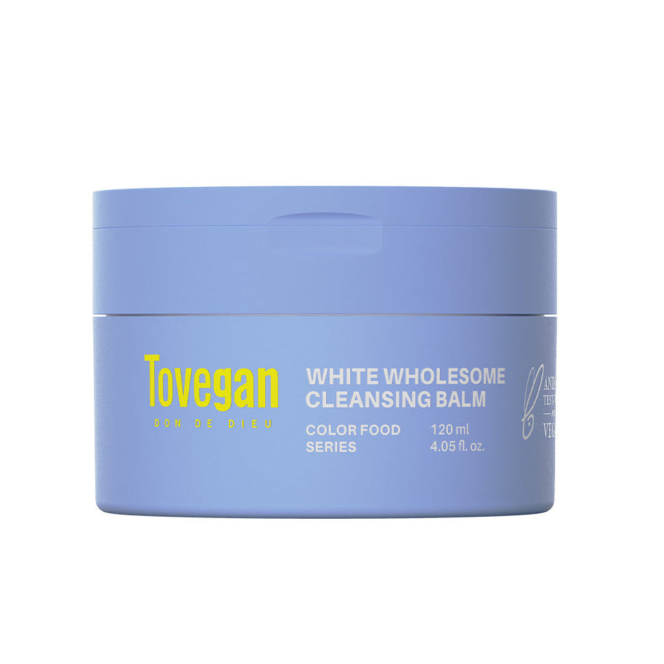 Blue jar of Tovegan White Wholesome Cleansing Balm on a white background