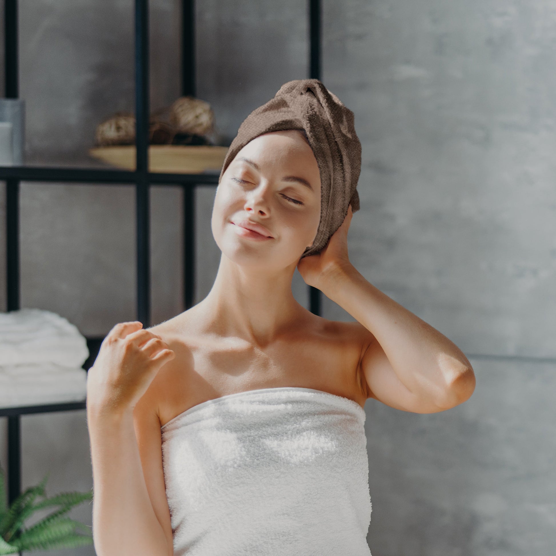 Model with Angel en Provence Quick Dry Hair wrap - Angel hair products -Icon Haircare and Beauty-2