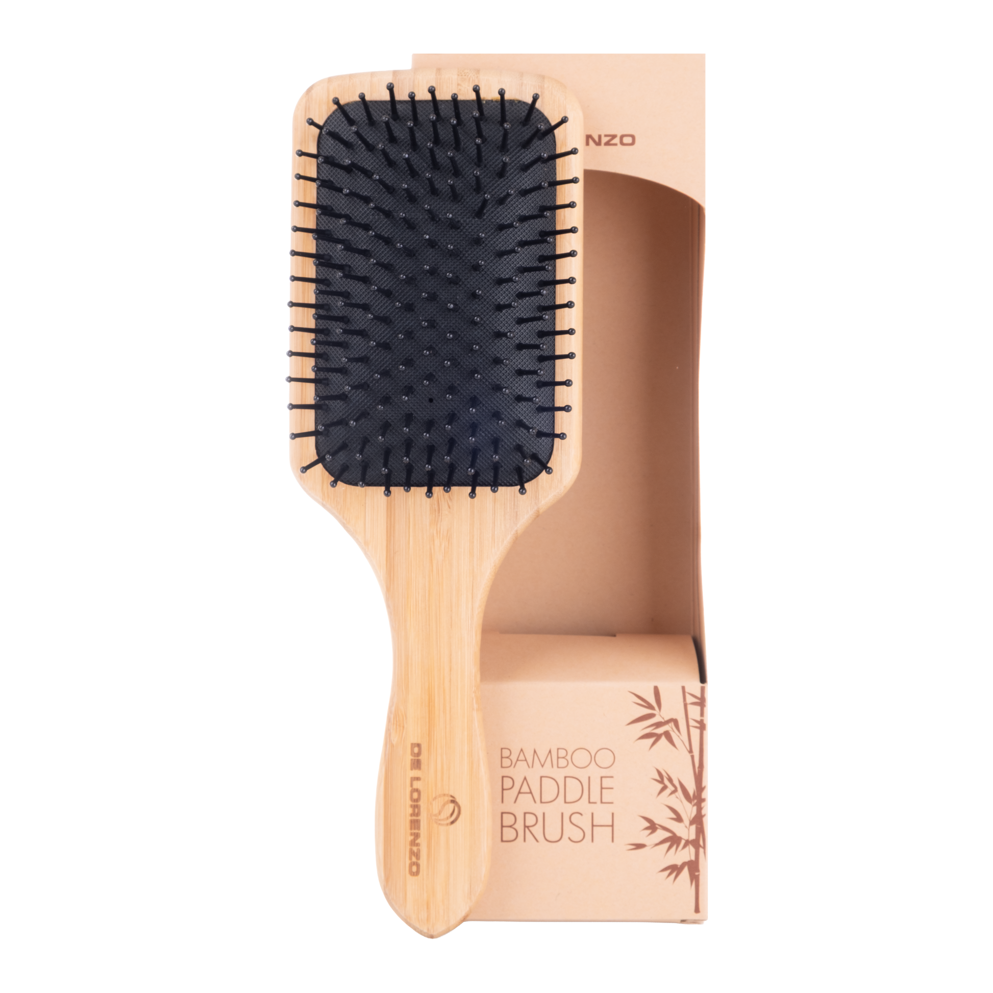 De Lorenzo Bamboo Paddle Brush shown with retail packaging - Icon Haircare & Beauty NZ