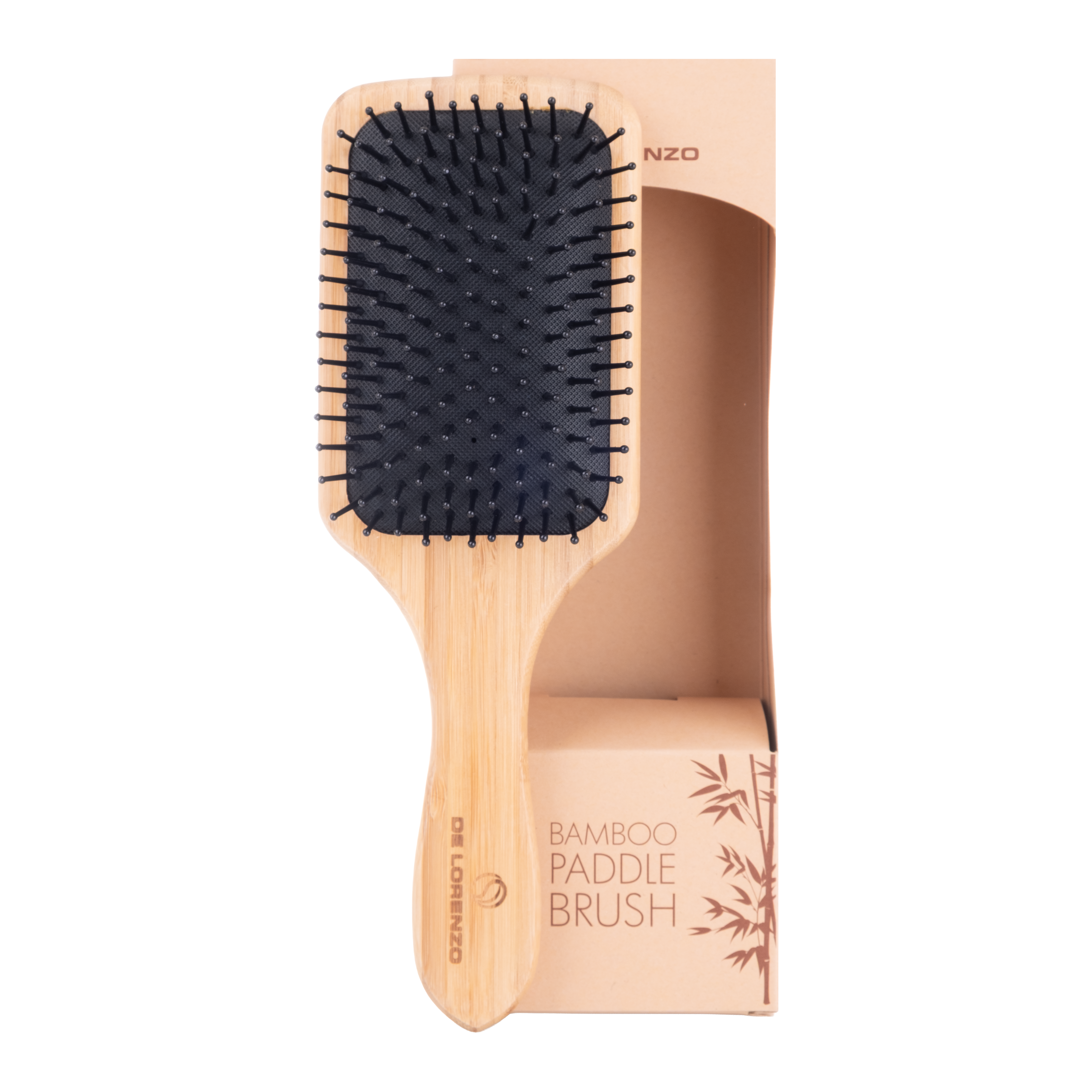 De Lorenzo Bamboo Paddle Brush shown with retail packaging - Icon Haircare & Beauty NZ