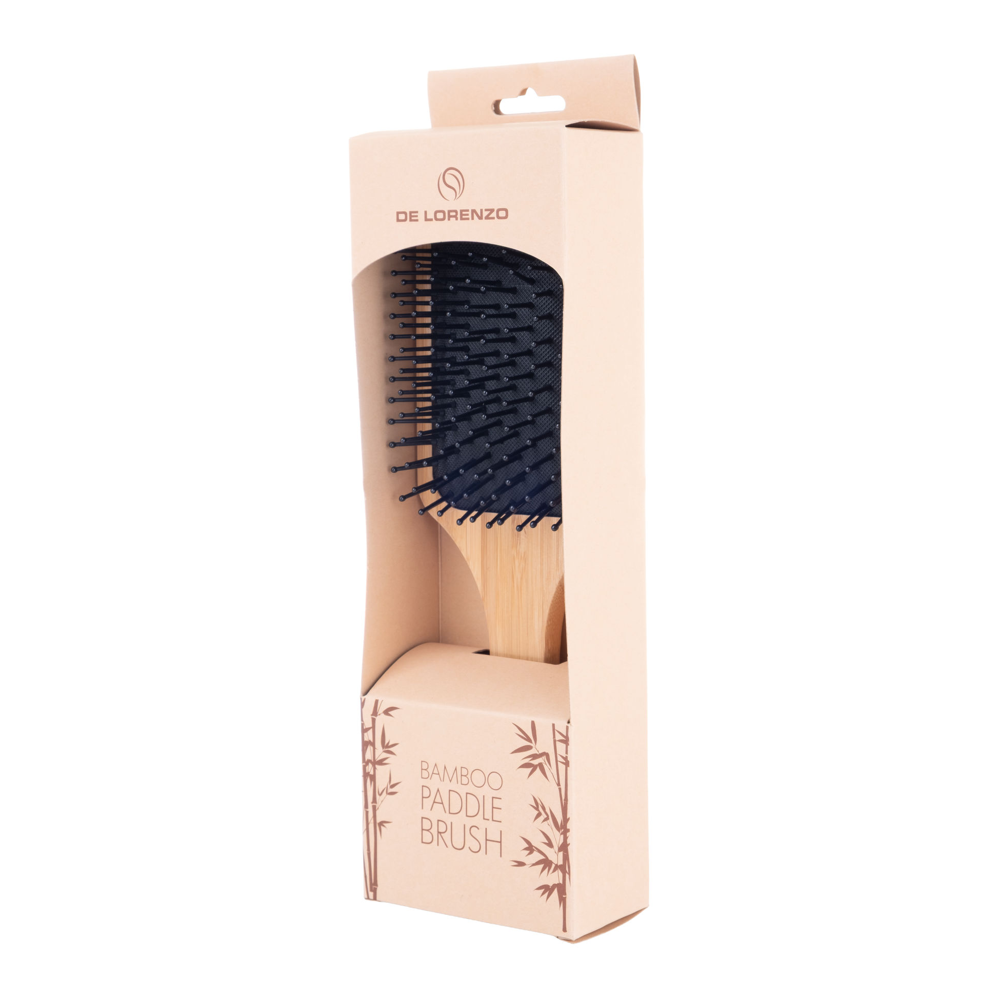 De Lorenzo Bamboo Paddle Brush packaging, left angle view - Icon Haircare & Beauty NZ