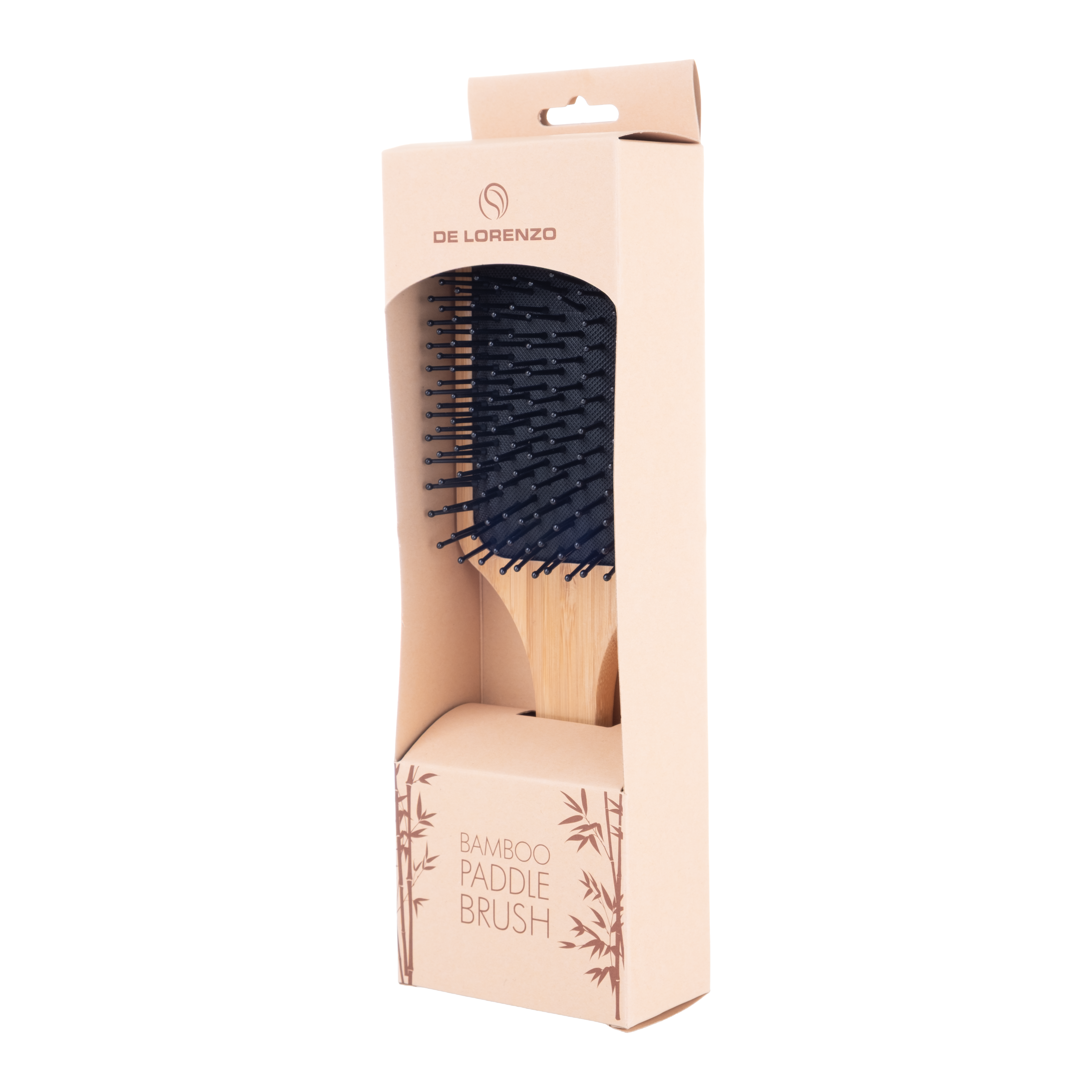 De Lorenzo Bamboo Paddle Brush packaging, left angle view - Icon Haircare & Beauty NZ