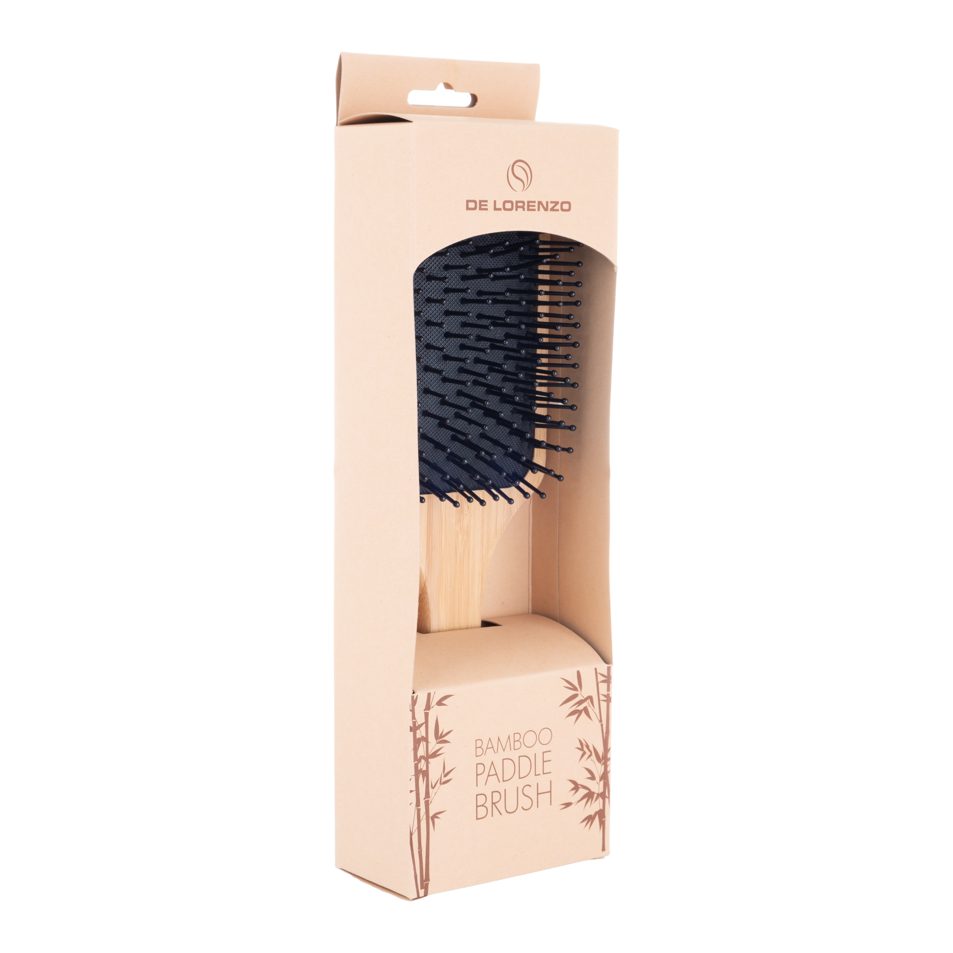 De Lorenzo Bamboo Paddle Brush packaging, right angle view