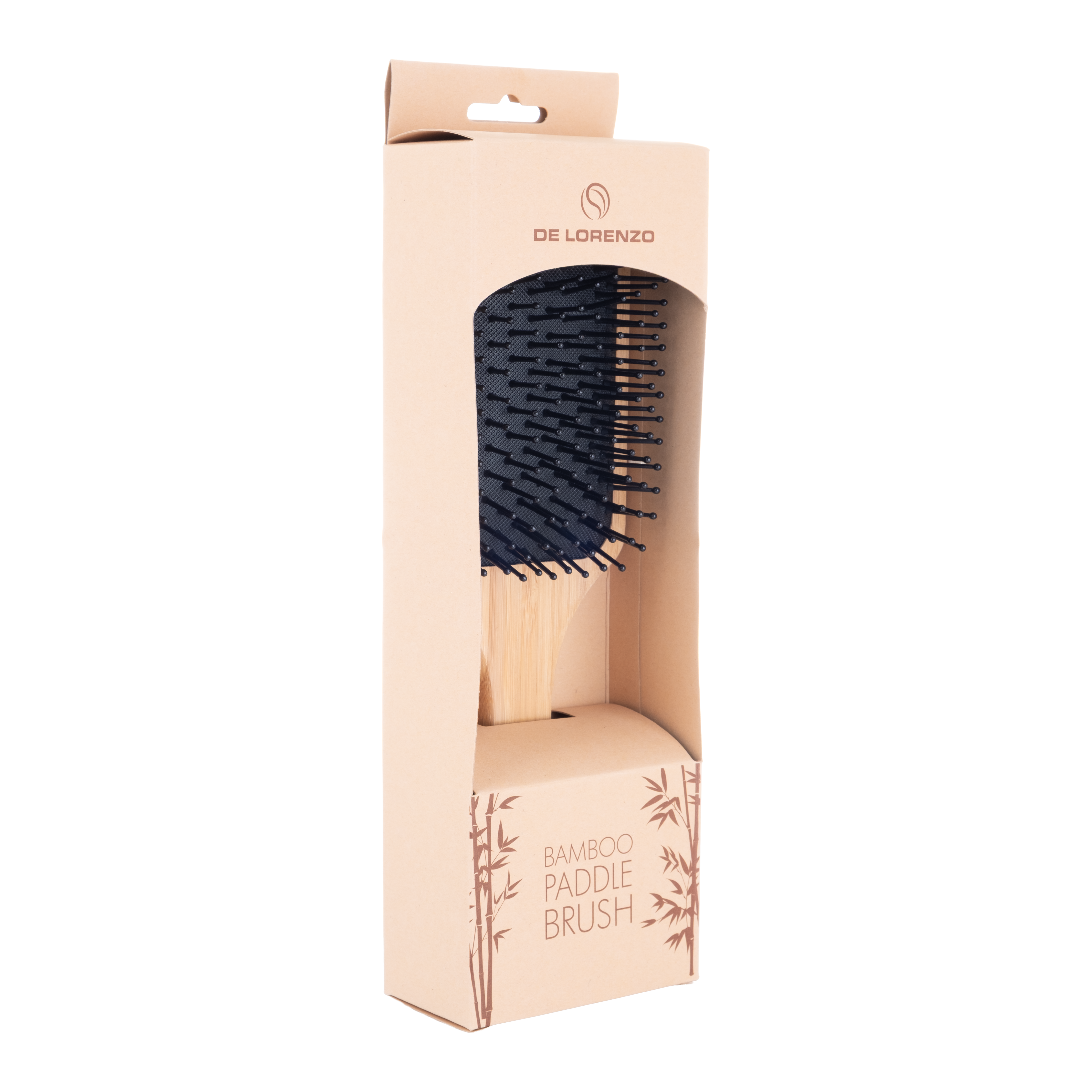 De Lorenzo Bamboo Paddle Brush packaging, right angle view