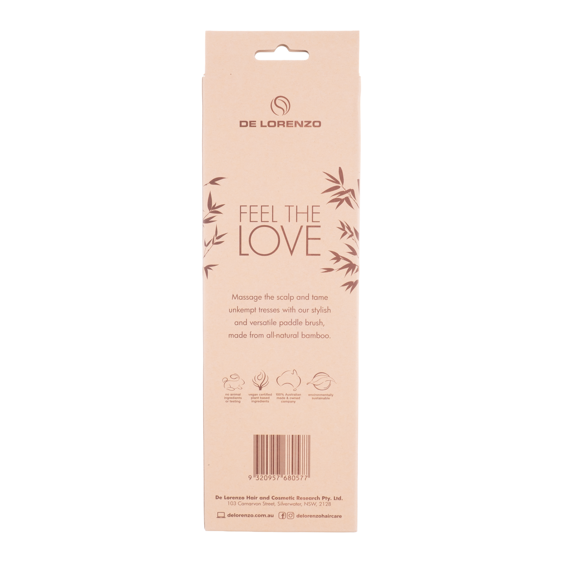 De Lorenzo Bamboo Paddle Brush packaging, back view with product details