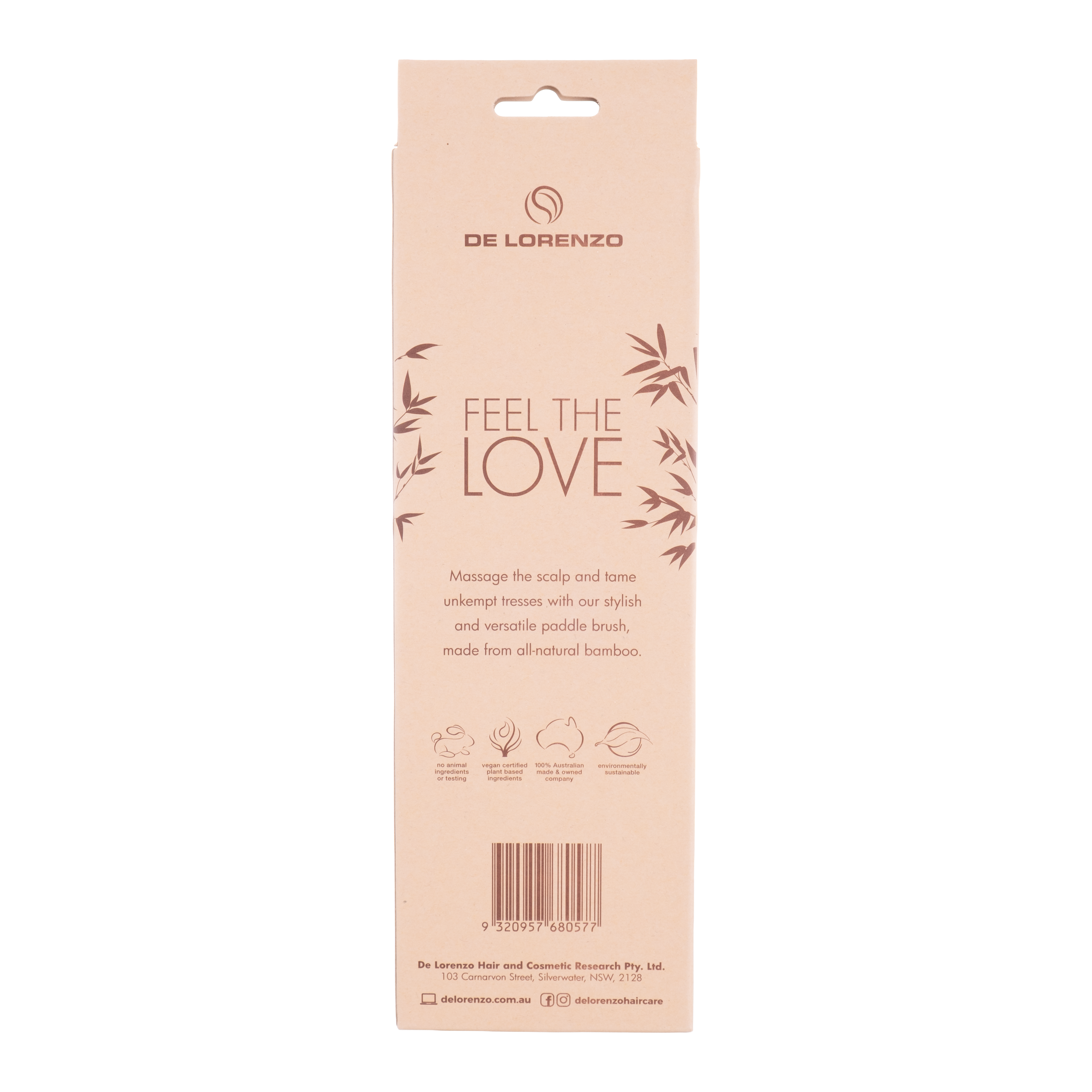 De Lorenzo Bamboo Paddle Brush packaging, back view with product details
