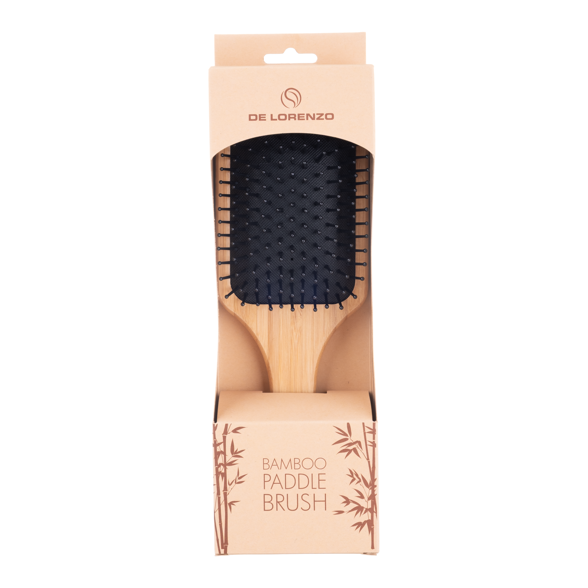 De Lorenzo Bamboo Paddle Brush packaging, front view - Icon Haircare & beauty NZ