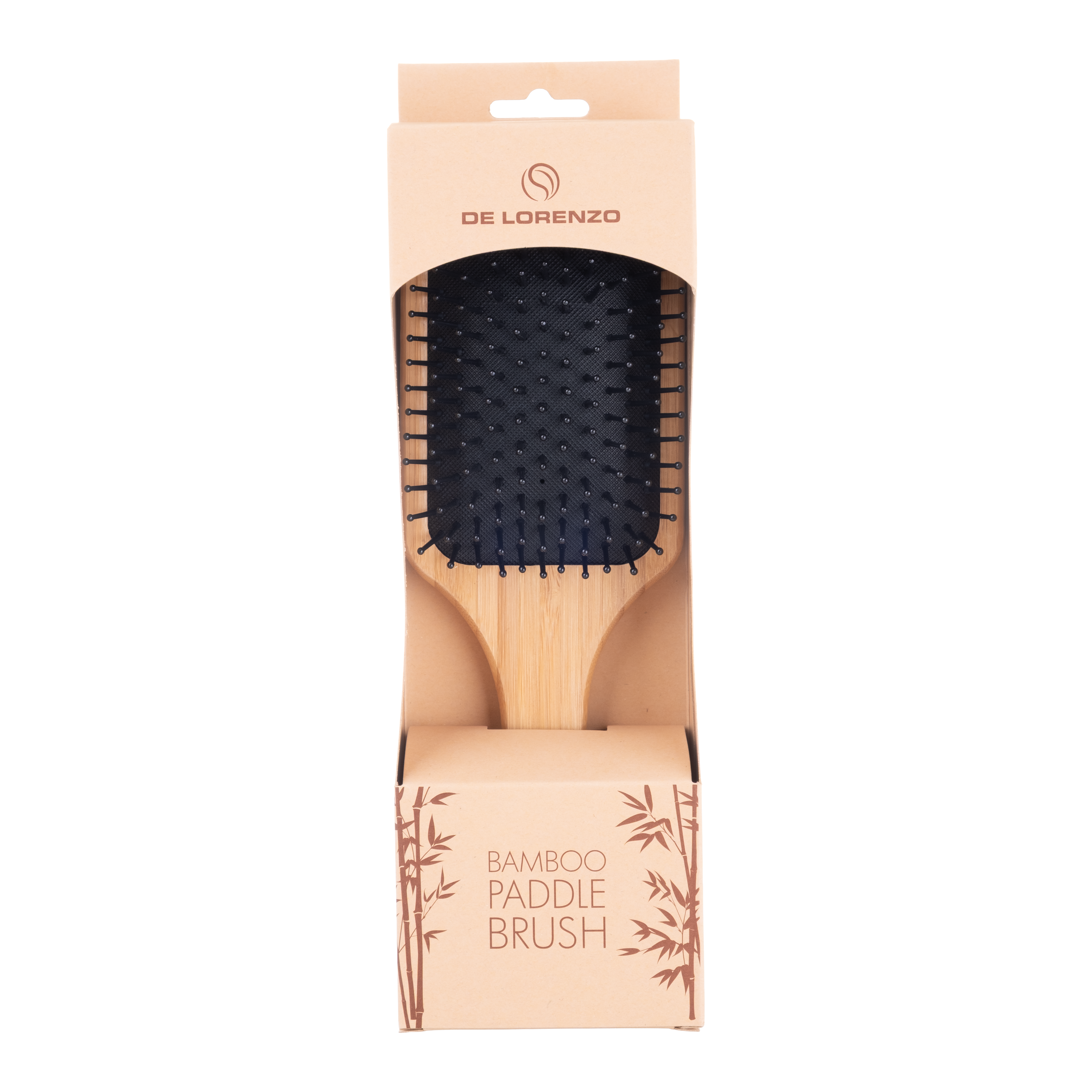 De Lorenzo Bamboo Paddle Brush packaging, front view - Icon Haircare & beauty NZ