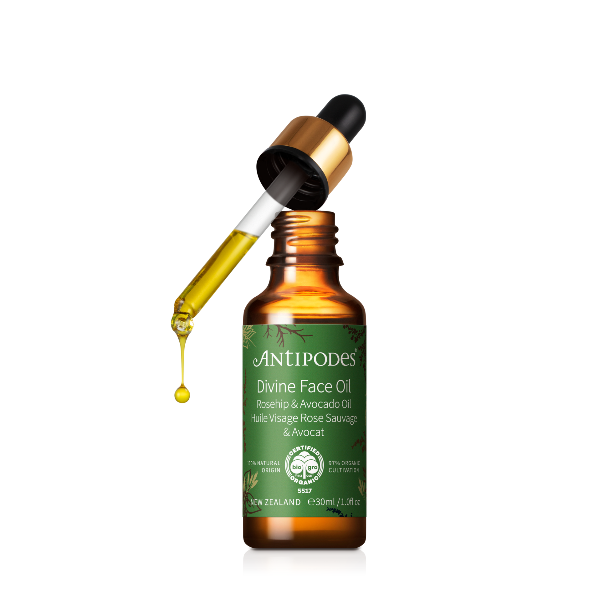 Antipodes Divine Face Oil Rosehip & Avocado Oil 30ml on transparent background